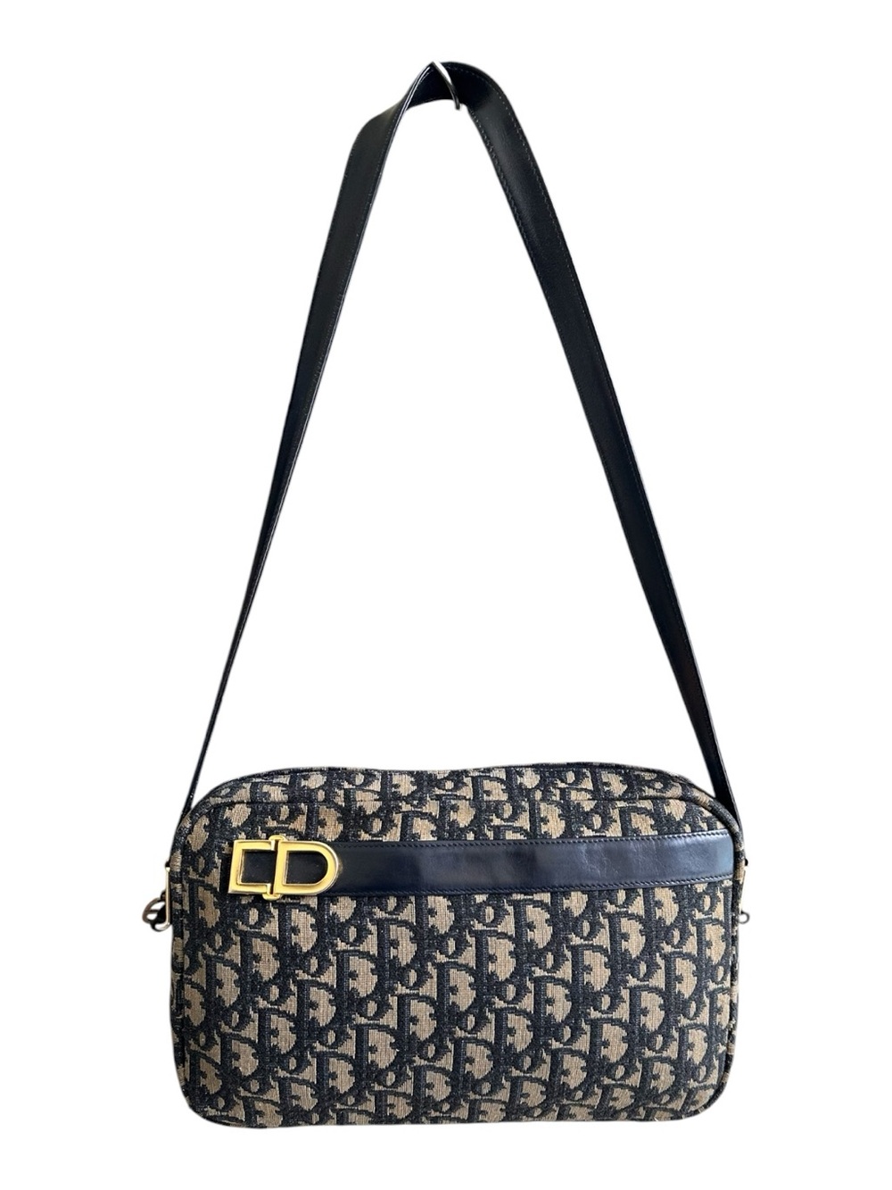 Dior Blue Black Monogram Shoulder Bag with Gold Hardware